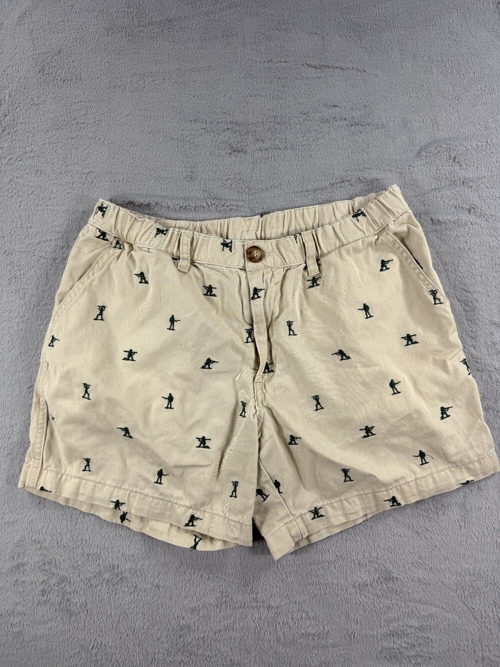 Chubbies Mens Medium 5.5 Inseam Khaki Tan Soldier Print Shorts Elastic Waist